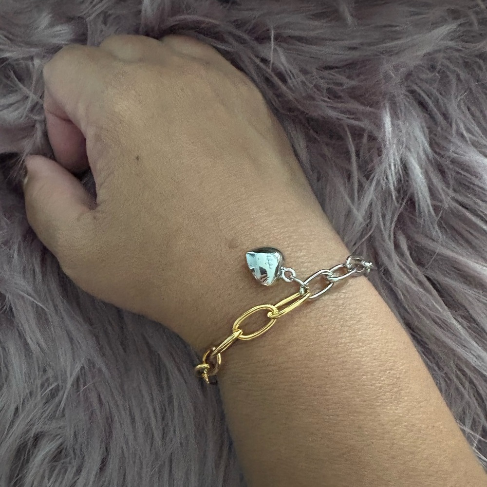 Brass 18k Gold plated and Silver Chain Bracelet with Heart Charm